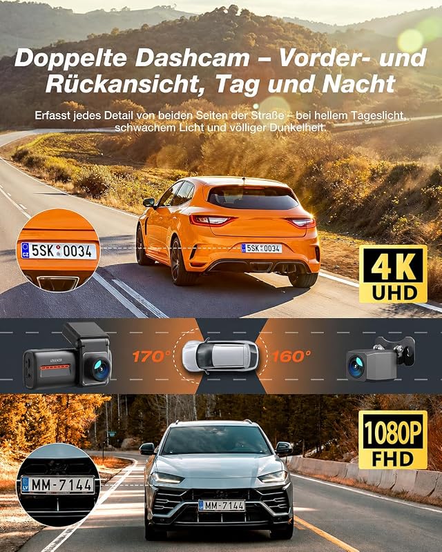 4K Dashcam Auto Vorne Hinten, WiFi 6 Auto Kamera mit 32GB SD Karte