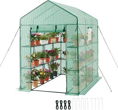 Serre de Jardin avec 14 Étagères 2 Niveaux Serre de Jardin pour Plantes et Fleurs en Pot, avec Bâche en PE, 2 Fenêtres, Porte Zippée Enroulable, Charge par Niveau 15 kg, 137x206x196 cm, Vert