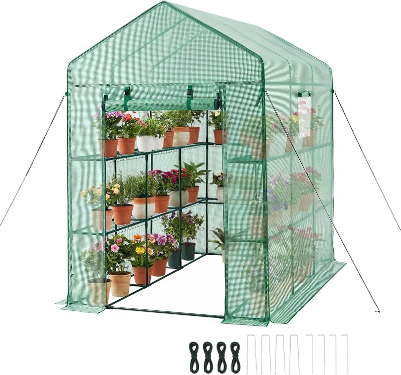 Serre de Jardin avec 14 Étagères 2 Niveaux Serre de Jardin pour Plantes et Fleurs en Pot, avec Bâche en PE, 2 Fenêtres, Porte Zippée Enroulable, Charge par Niveau 15 kg, 137x206x196 cm, Vert