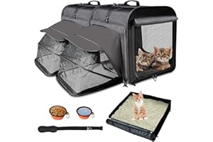 IKARE Large Cat Carrier,Cat Travel Carrier with Litter Box,Double Cat Carrier for 2 Cats and Medium Dog,Portable 2-in-1 Dog Compartment Travel Crate House with Foldable Bowl/Mats/Tent Stakes