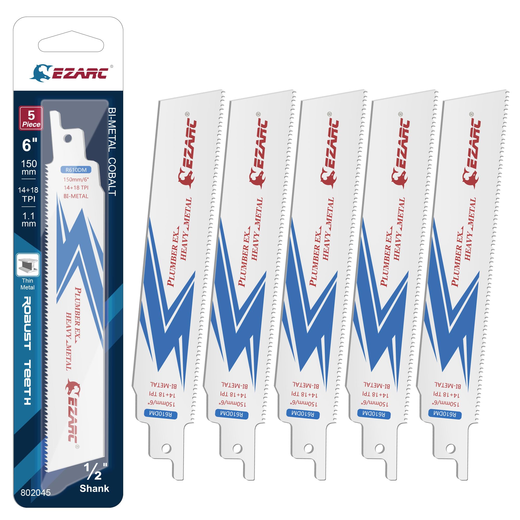 EZARC Reciprocating Saw Accessory Set, 150mm Bi-Metal Sawzall Attachment 14+18TPI for Steel Demolition R610DM (5-Pack)