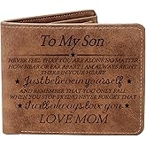 THTCSQ To My Son Gifts,Leather Wallet for Men,Engraved Personalized Leather Wallet,Birthday Christmas Gifts for Son from Mom Dad,Inspirational Gifts for Boy (Never Feel Son from Mom)