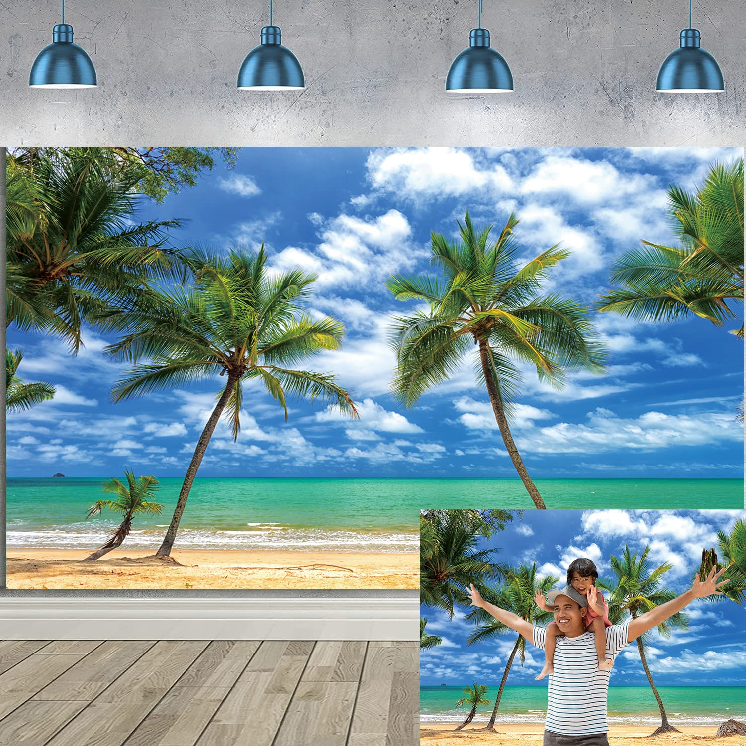 Tropical Seaside Beach Backdrop Summer Palm Tree Photography Background Blue Sea Sky Ocean Holiday Travel for Kids Portrait Banner Hawaiian Luau Theme Party Decoration Background