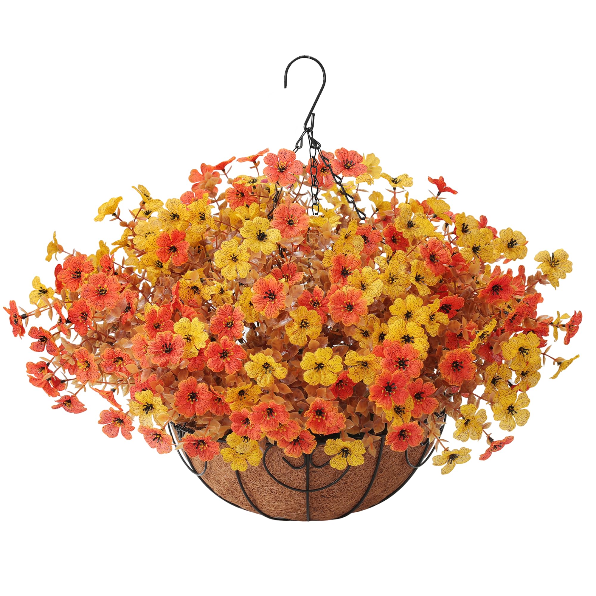 Photo 1 of Artificial Fall Flowers with Hanging Basket for Outdoors Decoration,Faux Mums Hanging Planter with Outside,UV Resistant 12 Pcs Daisy Fake Flowers for Patio Porch Garden Autumn Decor(Orange Yellow)