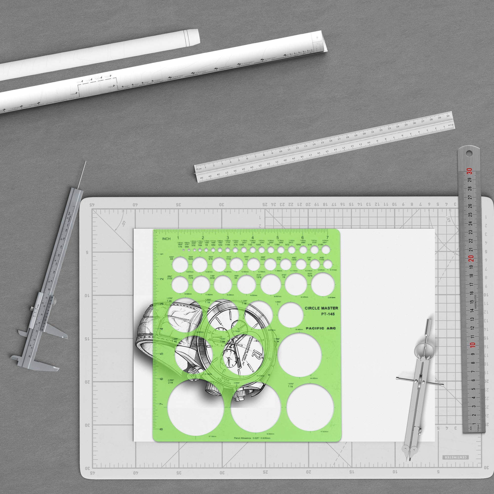Pacific Arc Professional Circle Guide Template, 45 Total Circle from 1/16 Inch to 2.25 Inch with Inch Graduations