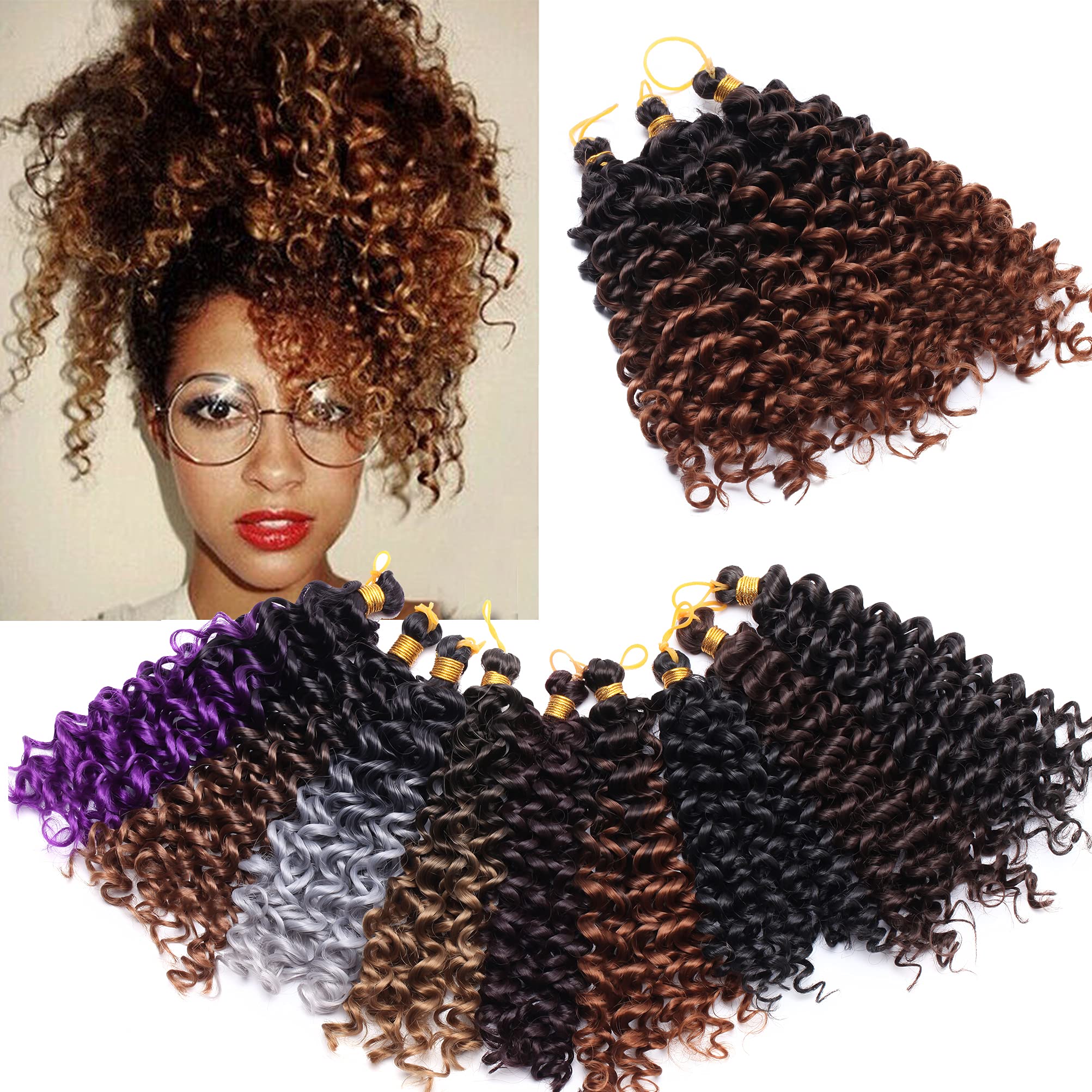 Jerry Curl Synthetic Marley Bob Crochet Hair - 8 Inch Kinky Curly Water Wave Braids, Bohemian Curl Braiding Hair Extension - 6 Bundles Black to Coffee Brown