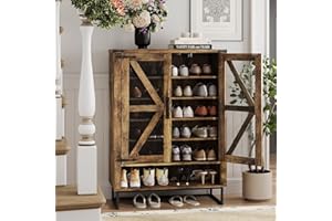 Maupvit 42.1" Farmhouse Shoe Cabinet with Ventilated Mesh Doors, 6-Tier Shoe Storage Cabinet with Adjustable Shelves & Metal Legs, Rustic Wooden Shoe Rack Organizer for Entryway, Hallway, Foyer, Brown