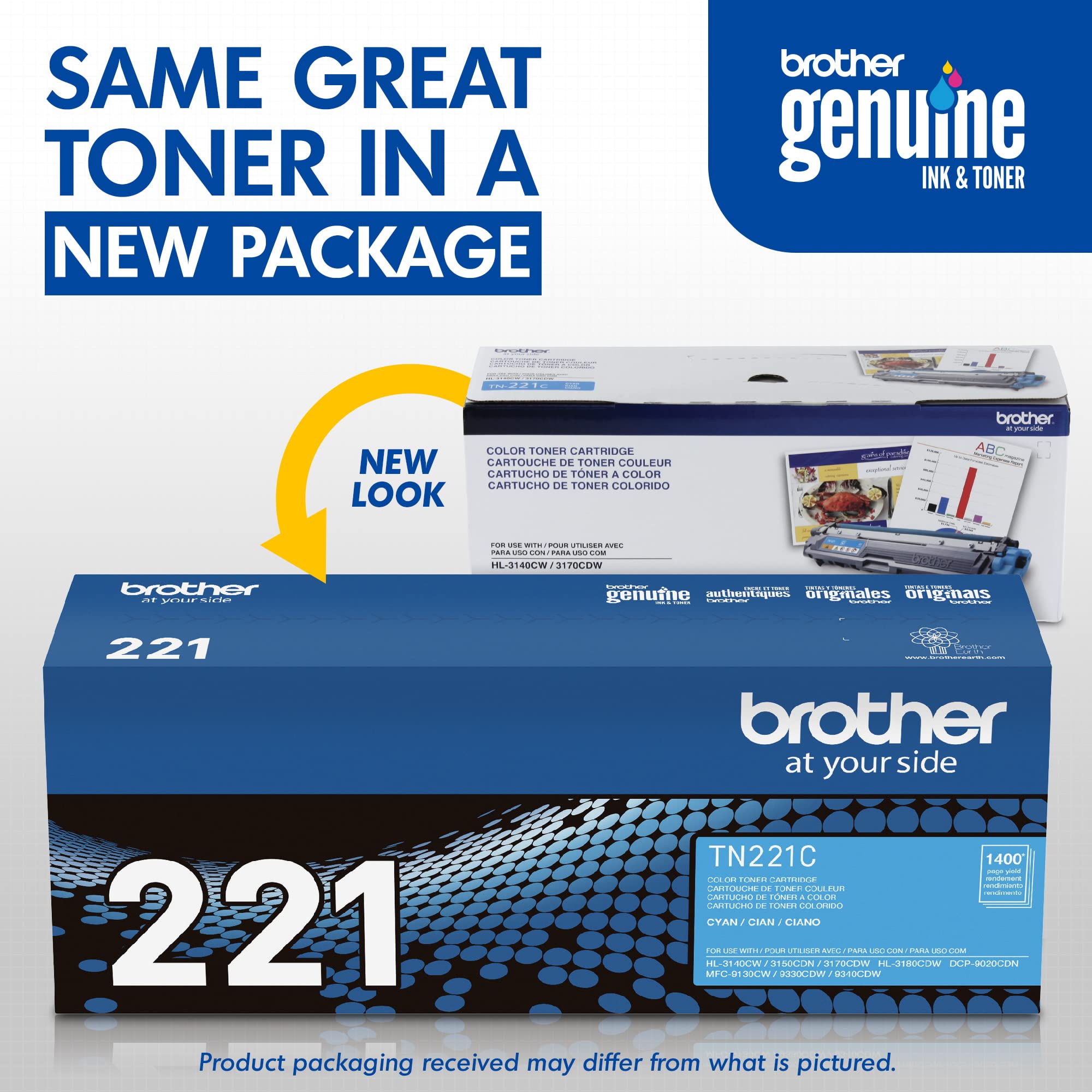 Brother Genuine Standard Yield Toner Cartridge, TN221C, Replacement Cyan Color Toner, Page Yield Up To 1,400 Pages, Amazon Dash Replenishment Cartridge, TN221