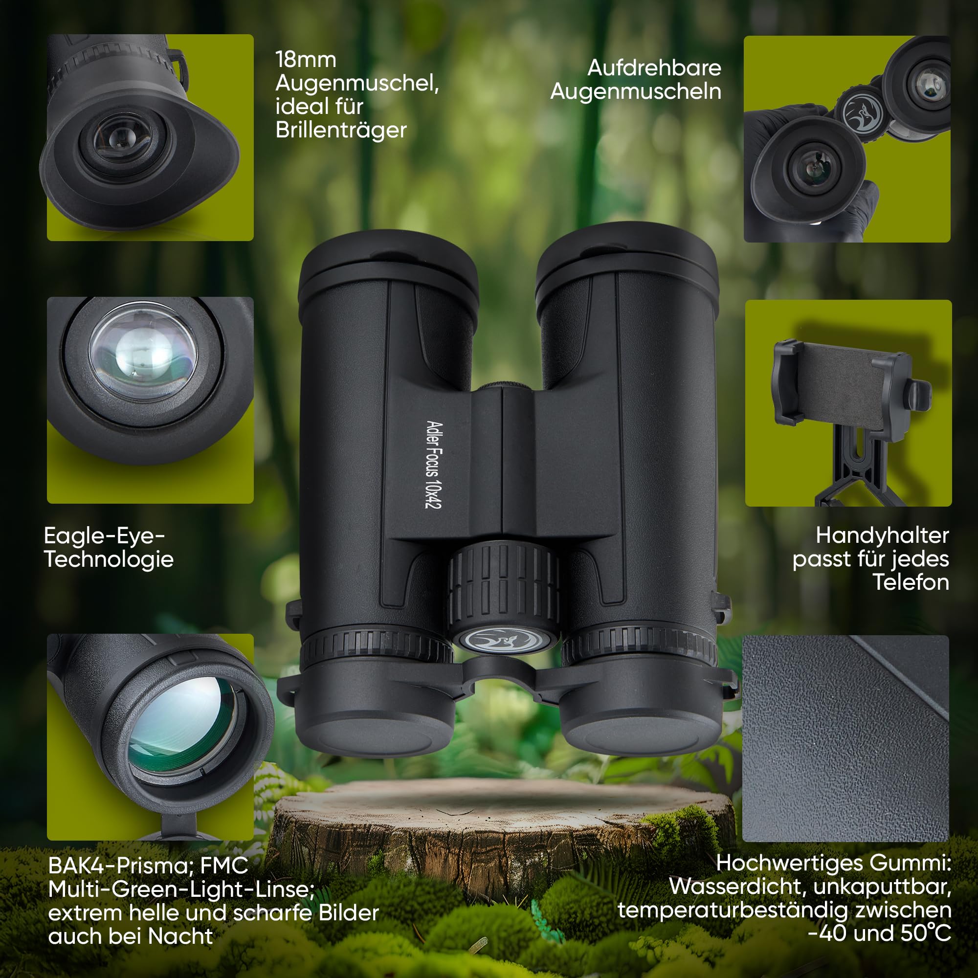 Adler Focus Fernglas 10x42 für Erwachsene, Eagle-Eye-Technologie, 18mm HD Augenmuschel, BAK4+FMC, Feldstecher, für Brillenträger, Reisen, Wandern, Jagd, Perfekt für Brillenträger! 4