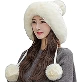 Women Winter Peruvian Cover Ears Beanie Hat Ear Flaps Sherpa Ski Snow Hats Knit Fleece Lined 3 Pom Pom