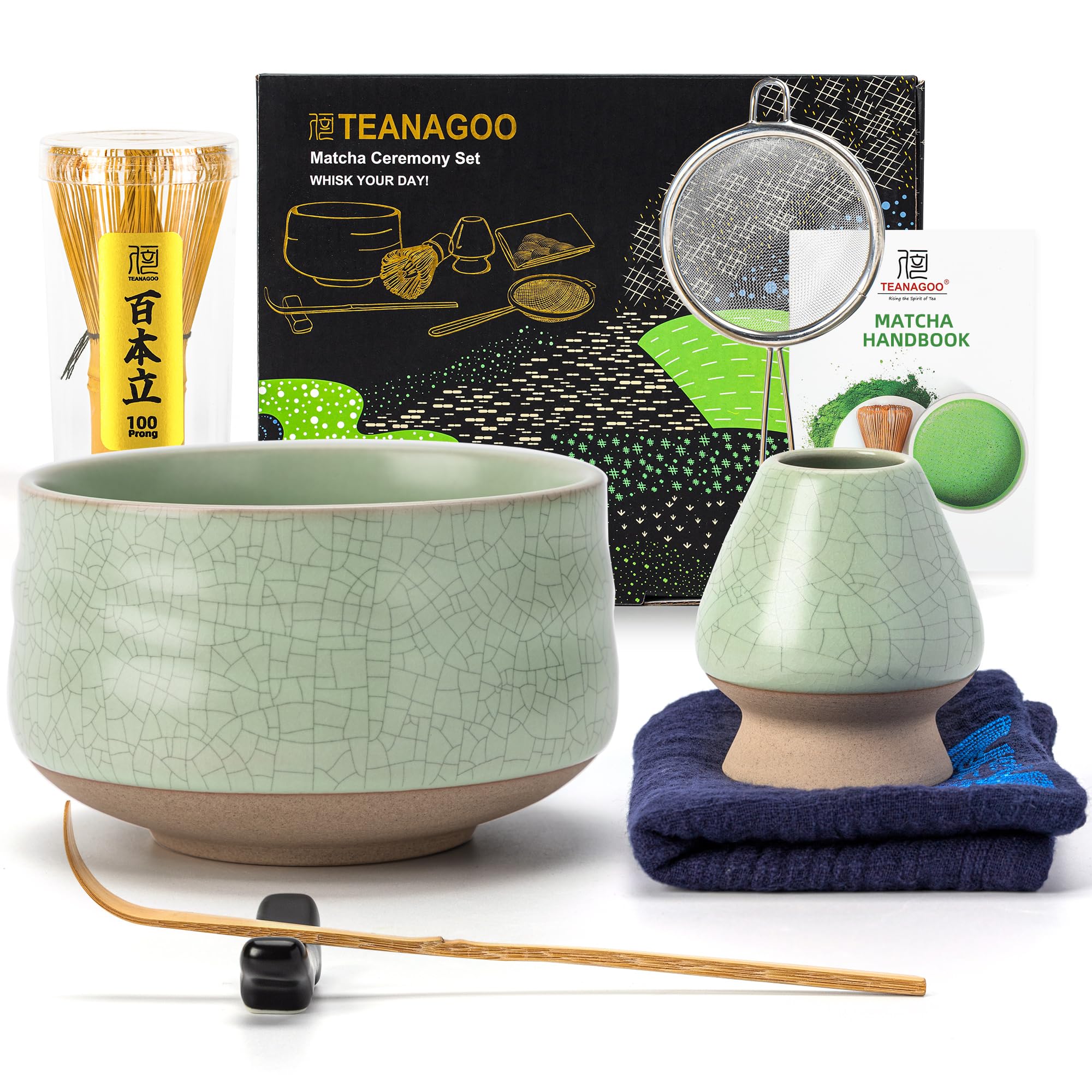 TEANAGOO Matcha Set, 7 Pcs Matcha Kit for Ceremony, Matcha Whisk Set, Ceramic Matcha Bowl, Matcha Tea Set for Making Breakfast/Matcha Latte, Bamboo Matcha Whisk (Chasen), Gift for Matcha Lover