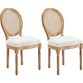 Kiztir French Country Dining Chairs, Upholstered Dining Chairs Set of 2 | Farmhouse Dining Chairs, Round Rattan Back, Linen Fabric, Wood Frame and Legs, Kitchen, Dining Room, Living Room