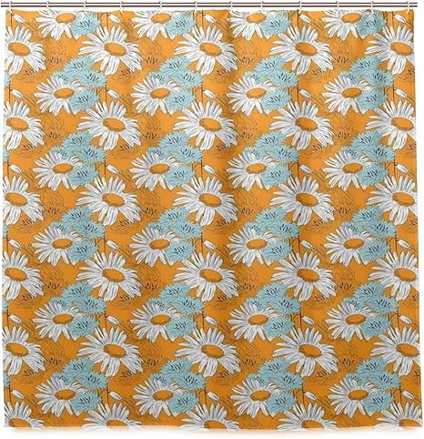 Amazon Ecomaomi シャワーカーテン 防水 ポリエステル 風呂カーテン 浴室 おしゃれ かわいい オレンジ色の背景に咲く春のヒナギクロマンチックな女性の花びら 取付簡単 浴室 間仕切り カーテンリング付属 シャワーカーテン ホーム キッチン オンライン通販