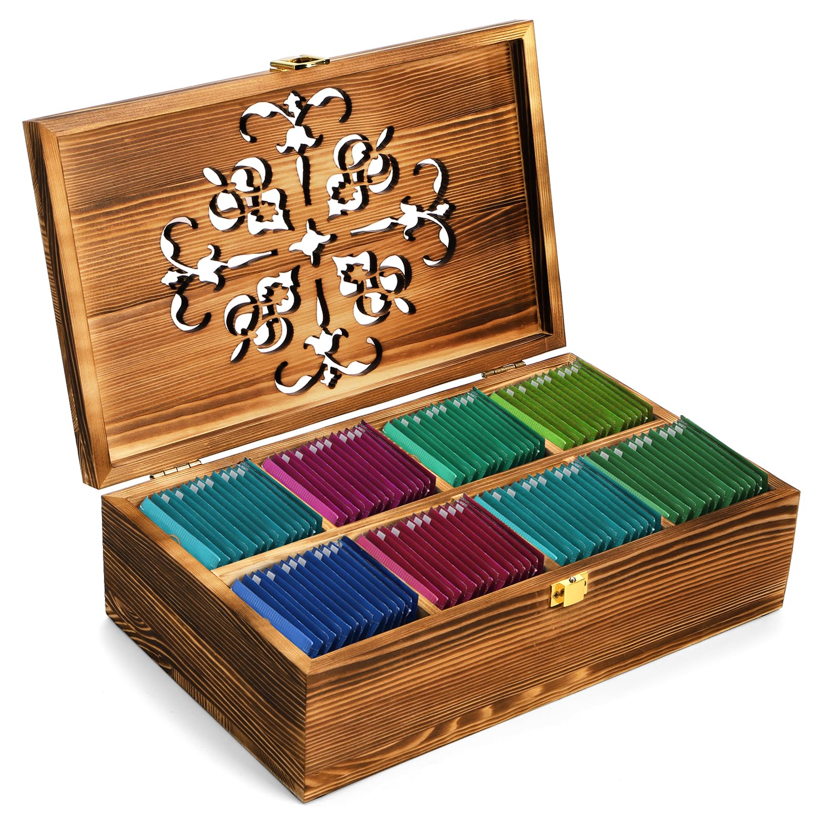 Photo 1 of Coloch Wooden Tea Bag Storage Box with Carved Lid, 8-Compartment Tea Chest Organizer Spice Packets Container for Living Room, Kitchen, Office, Home Decor