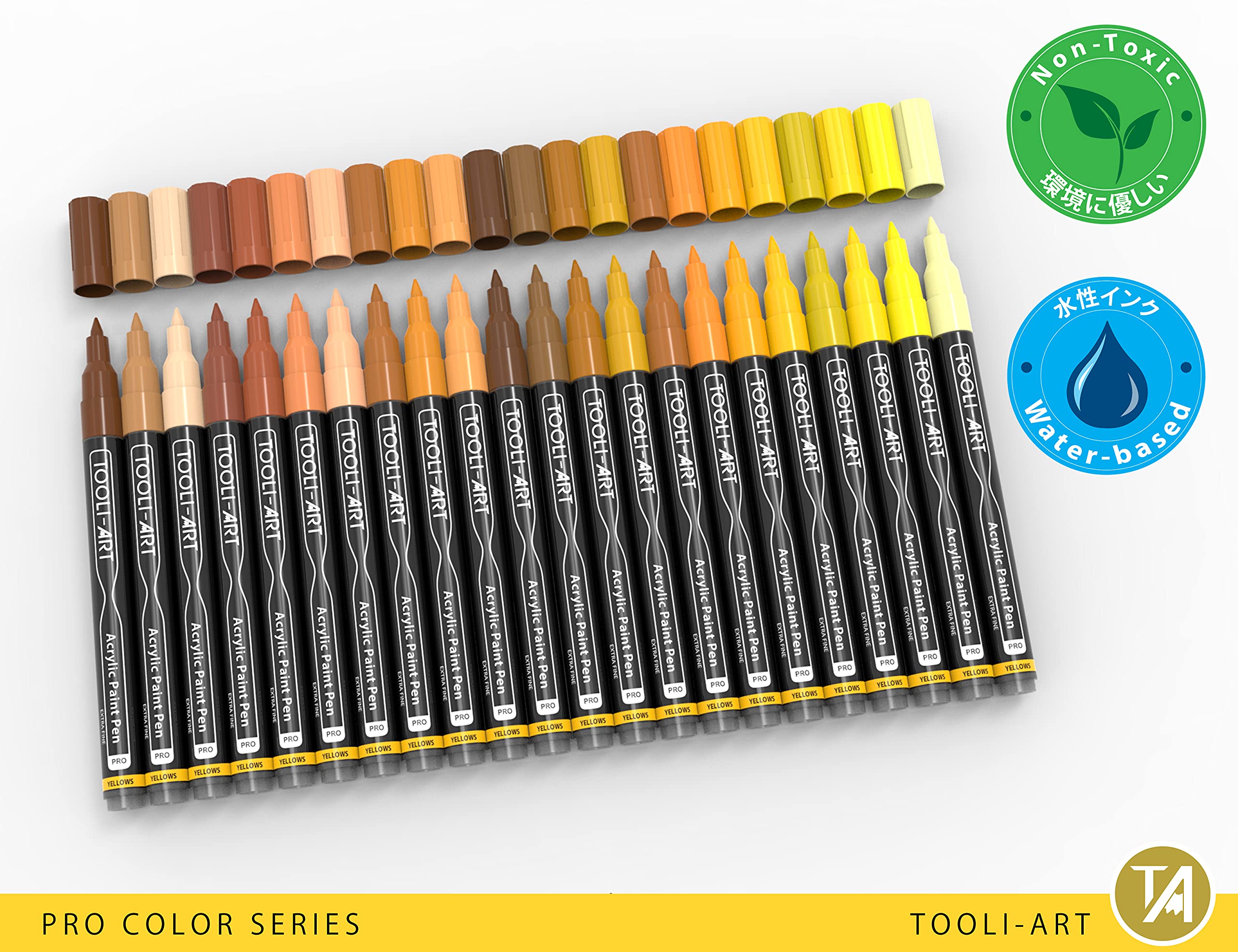 Acrylic Paint Pens 22 Yellow & Brown Tones Assorted Pro Color Series Markers Set 0.7mm Extra Fine Tip for Rock Painting, Glass, Mugs, Wood, Metal, Canvas, Projects, Non Toxic, Waterbased, Quick Drying