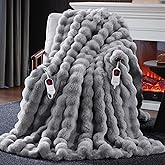 Anysay Heated Blanket King Size with 1/2/4/6/8 Hours Auto-Off 10 Heat Level, 90'' * 100'' Cozy Faux Rabbit Fur Bubble Electric Blanket with Overheat Protection(Light Grey)