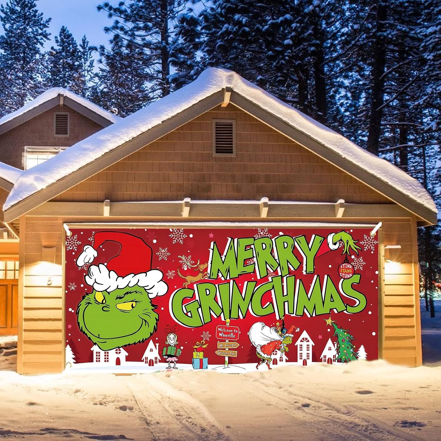 Garage Door Decorations - Christmas Garage Door Banner 7X16 ft, Garage Door Cover Outdoor Christmas Decorations, Christmas Garage Door Decorations Large Winter Holiday Christmas Background with Hooks (7X16 ft, D)