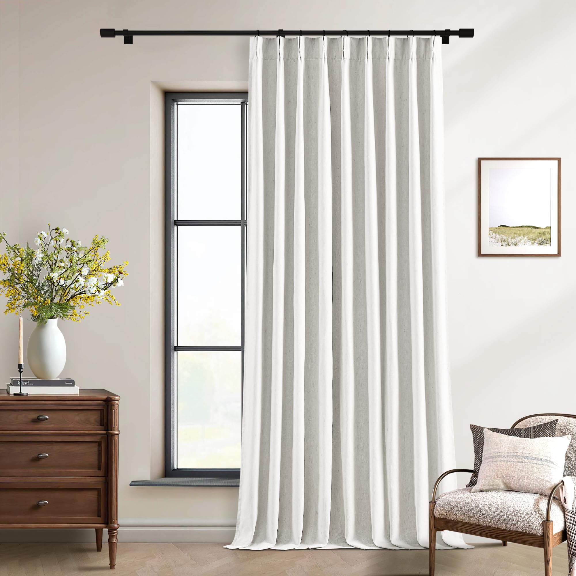 Photo 1 of Extra Wide Blackout Linen Curtains 84 Inch Length 60 Inch Wide for Living Room Pinch Pleated Back Tab Farmhouse Bedroom Thermal 100% Black Out Window Drapes Energy Efficient 60x84 Beige White 1 Panel
