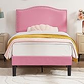 VECELO Twin Bed Frame, Platform Bed Frame with Adjustable Height Upholstered Headboard, Heavy-Duty Frames and Strong Wooden Slats Support, Non-Slip and Noise-Free, Easy Assembly, Pink
