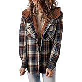 Dokotoo Womens Plaid Shacket Jacket Long Sleeve Button Down Fleece Hooded Jackets Warm Coat