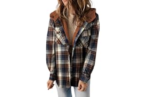 Dokotoo Womens Plaid Shacket Jacket Long Sleeve Button Down Fleece Hooded Jackets Warm Coat