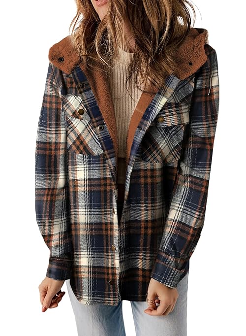 Dokotoo Winter Clothing for Women Hooded Shacket Jacket Fashion Plaid Flannel Shirts Fleece Lined Long Sleeve Button Up Jackets Sherpa Fuzzy Thick Coats Vintage 2025 Fall Oversized Coat Outwear Blue M