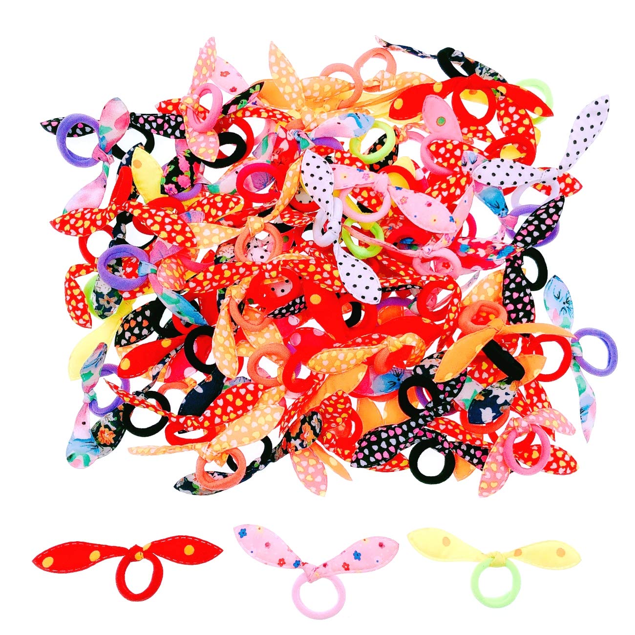 JZK 100PCS Colorful Rabbit Ear Hair Bands Cute Elastic Ponytail Holder Pigtails or Braids Hair Accessories for Girls, Babies or Pets (Random Style)