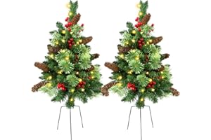 GUOOU Set of 2 Pathway Christmas Tree Urn Filler, Lighted Artificial Mini Xmas Trees with Lights, Outdoor Christmas Decorations for Porch, Driveway, Yard (9 Pine Cones)