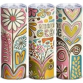 Amazing Grace 20oz Skinny Tumbler, Retro Floral Art Travel Mug with Lid, Stainless Steel Insulated Cup with Colorful Hearts and Flowers, Inspirational Christian Gifts for Women