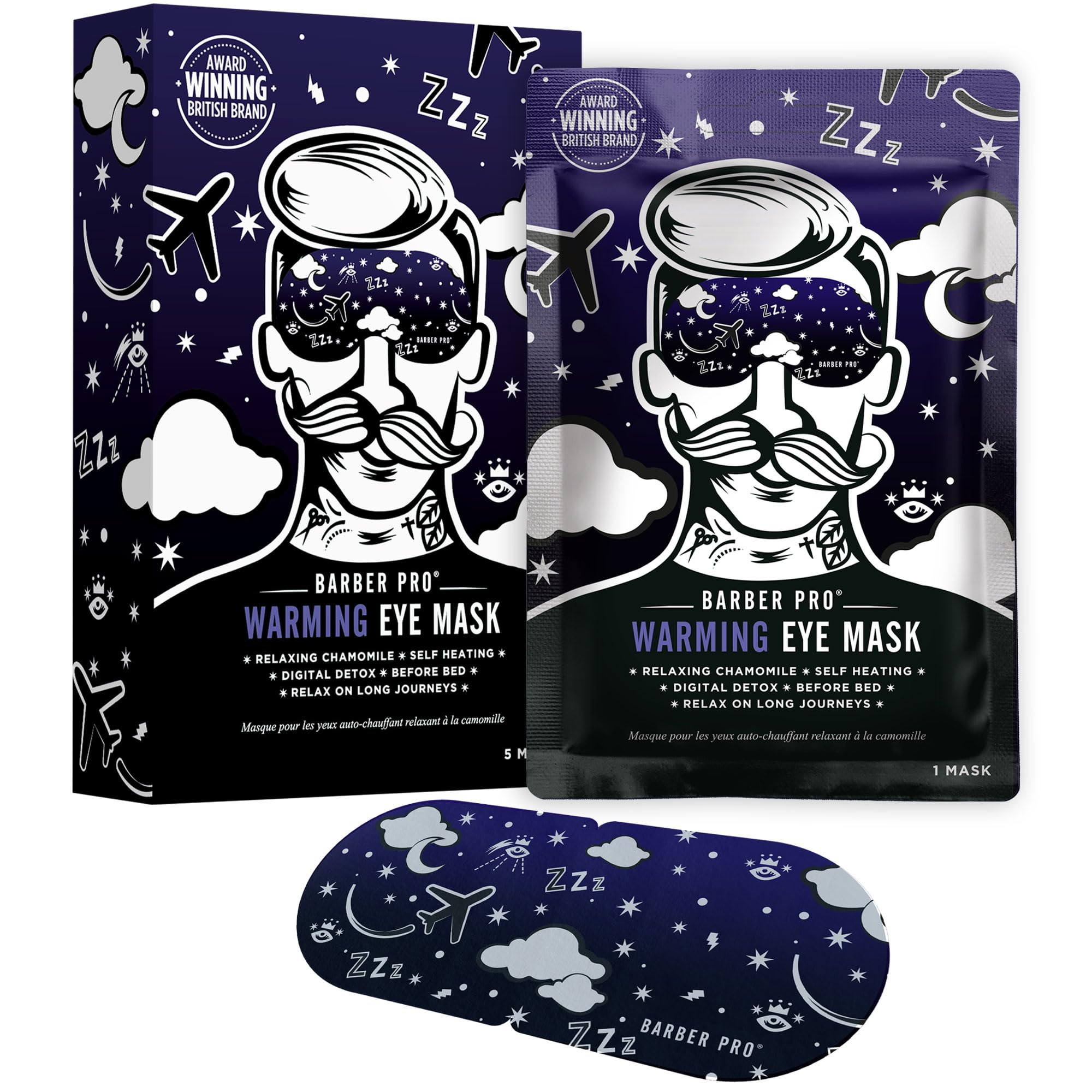 BARBER PRO SELF HEATING EYE MASK Soothing Eye Mask Warming Relaxing Stress Relief Dry Fatigued Tired & Sore Eyes Chamomile Scent Perfect For Travel & Sleep Multi Award Winning Brand 5 Pack