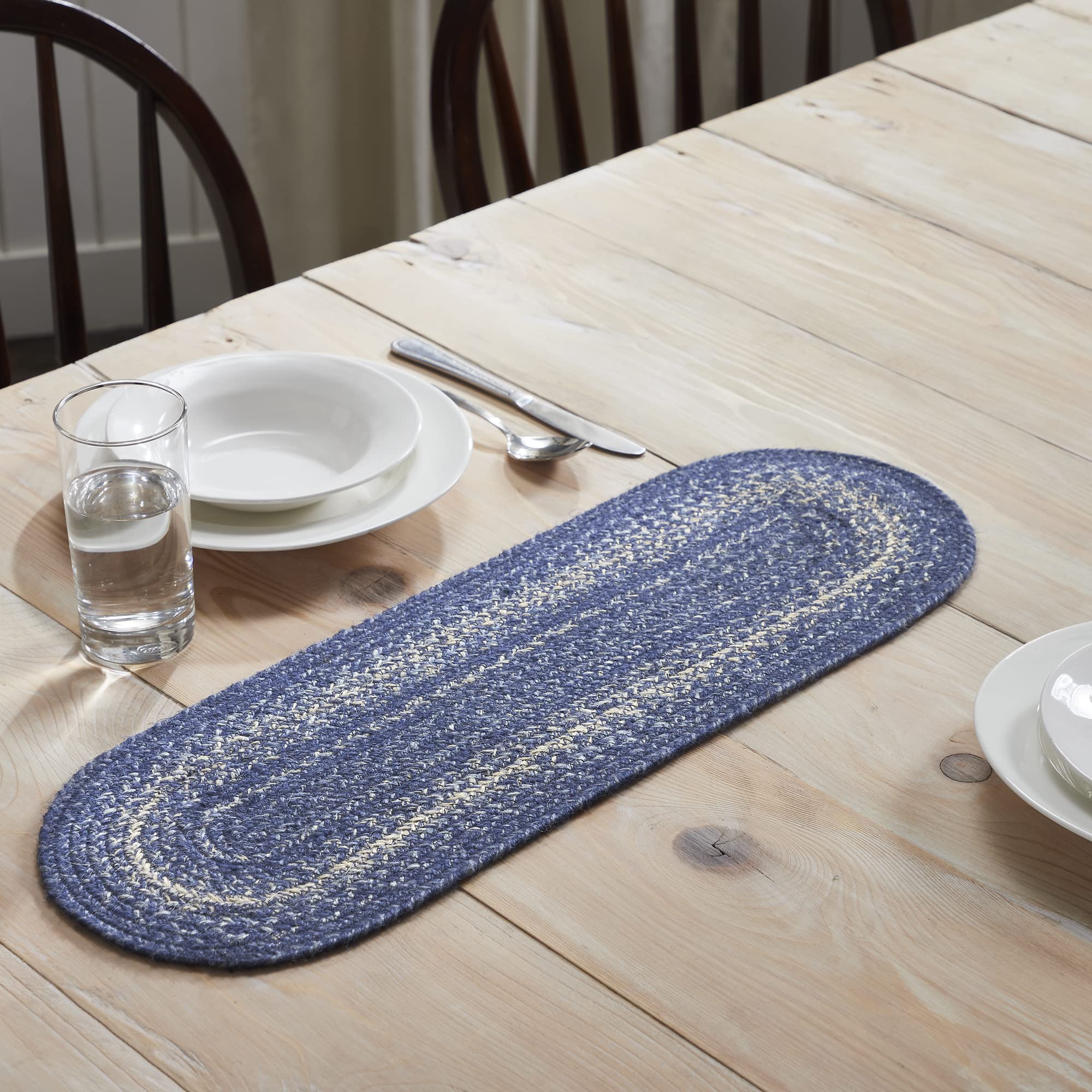 Photo 1 of VHC Brands Great Falls, Braided Jute Table Runner, Oval, Blue, 8x25
