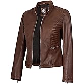 fjackets Leather Jacket Women - Cafe Racer Style Real Lambskin Womens Leather Jackets Stylish Stand Collar Leather Jackets