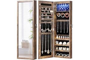 Nicetree 6 LEDs Mirror Jewelry Cabinet with 3 Improvements, 4.2" D Door/Wall Mounted Jewelry Armoire with Full Length Mirror, Larger Capacity, Rustic Brown