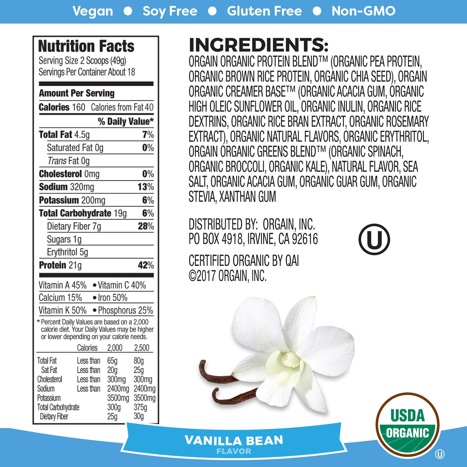 Orgain Organic Plant Based Protein & Greens Powder, Vanilla Bean - Vegan, Dairy Free, Gluten Free, Lactose Free, Soy Free, Low Sugar, Kosher, Non-GMO, 1.94 Pound (Packaging May Vary) : Grocery & Gourmet Food