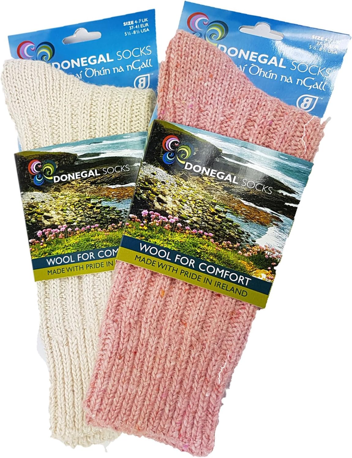 Genuine 100% Irish Ladies Pink Woollen Socks - Made in Donegal - Ireland - Ladies Warm Wool Socks- Natural and Pink Woolly Socks UK Size 4-7