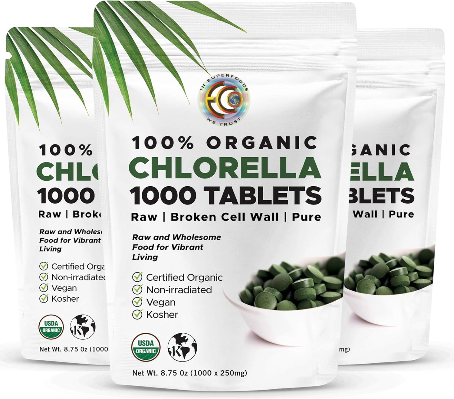 Earth Circle Organics Premium Chlorella - 1000 Tablets | USDA Organic | Kosher | Highest Potency, Pure Chlorella raw superfood, Cracked Cell Wall | High in Protein, no additives or fillers - 3 Packs