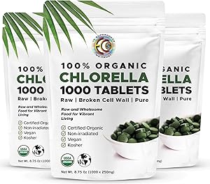Earth Circle Organics Premium Chlorella - 1000 Tablets | USDA Organic | Kosher | Highest Potency, Pure Chlorella raw superfood, Cracked Cell Wall | High in Protein, no additives or fillers - 3 Packs