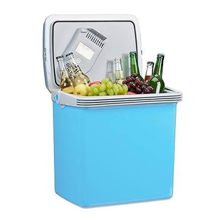Relaxdays Kühlbox für Auto, elektrische Warmhaltebox, Thermotasche 25 l, 12V 230V Stecker, HxBxT: 45 x 45 x 33 cm, blau