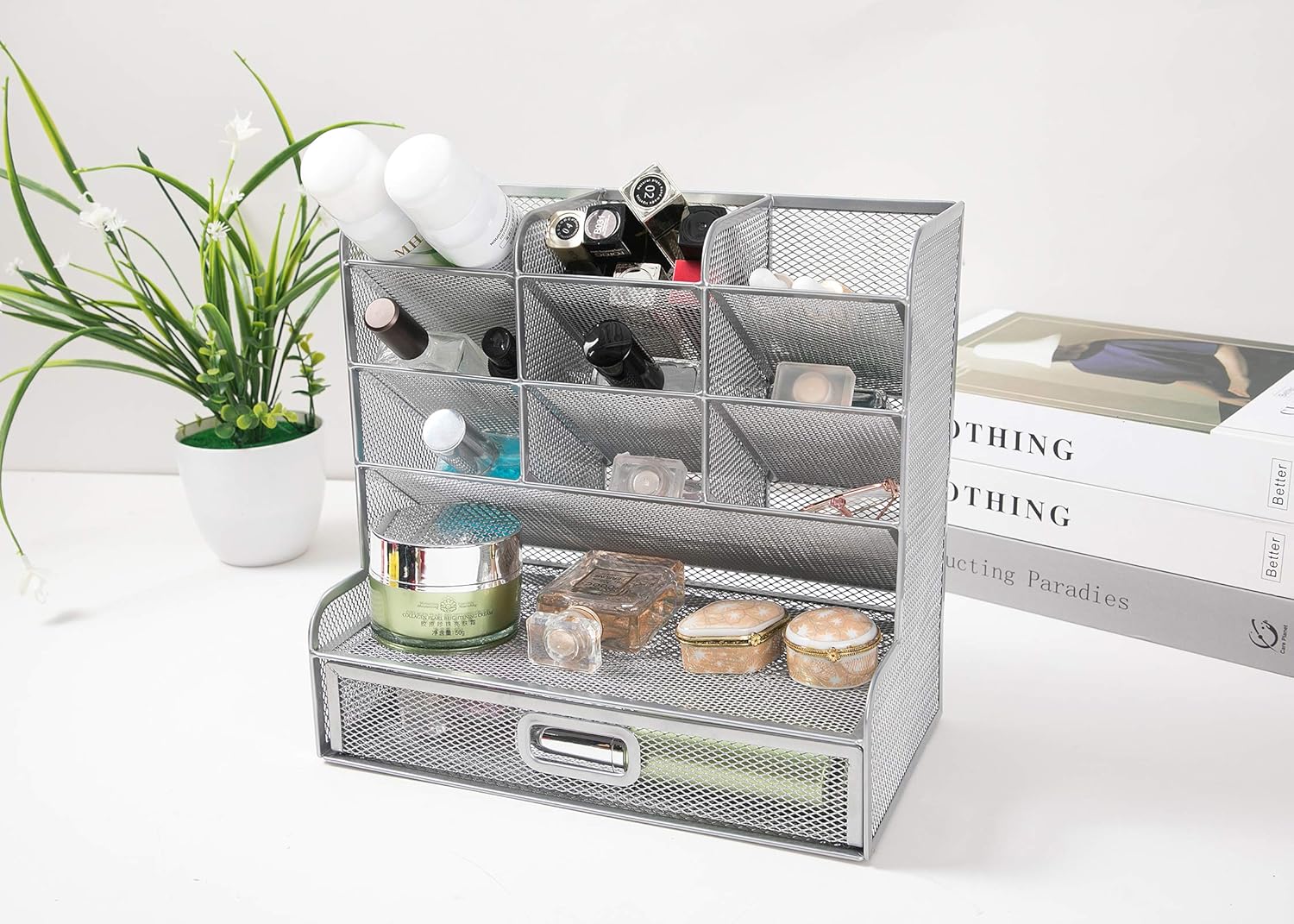 Cmonie Multi-Functional Mesh Desk Organizer Pen Holder, Pen Organizer for Desk, 10 Compartments Desktop Stationary Organizer, Storage Rack for School Home Office Art Supplies (Sliver) : Office Products