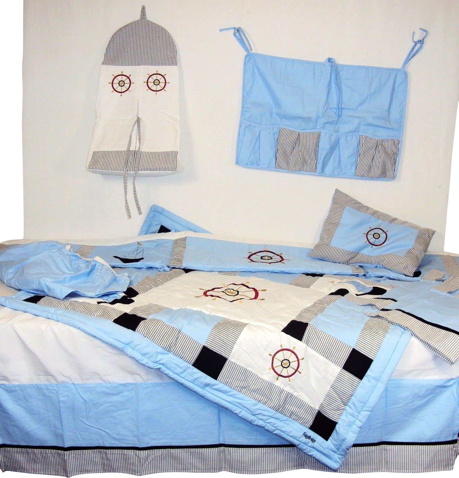 Fidgy Bridgy 9 Piece Nautical Crib Set - 100% Cotton Linens & Accessories.
