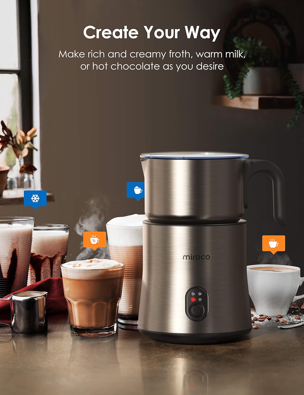 Detachable Milk Frother, 4 in 1 Miroco 16.9oz Automatic Stainless Steel Milk Steamer with Hot & Cold Foam Latte, Cappuccino, Macchiato, Warm Milk, Hot Chocolate, Dishwasher Safe, Silent Operation, 120V: Kitchen & Dining