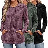 Sweetyweee 3 Pack Women's Long Sleeve Hoodie Sweaters, Kangaroo Pocket Shirts Loose Knit Tops Drawstring Pullover Sweatshirts(Fuchsia, Gray Green, Black,X-Large)