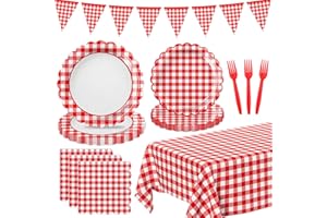 LINHAXM 102 PCS Red Gingham Party Supplies - Christmas Scalloped Plates, Napkins, Cups, Forks, Banner, Gingham Tablecloth for Baby Shower, Birthday, Picnic Party Decorations, Serves 25