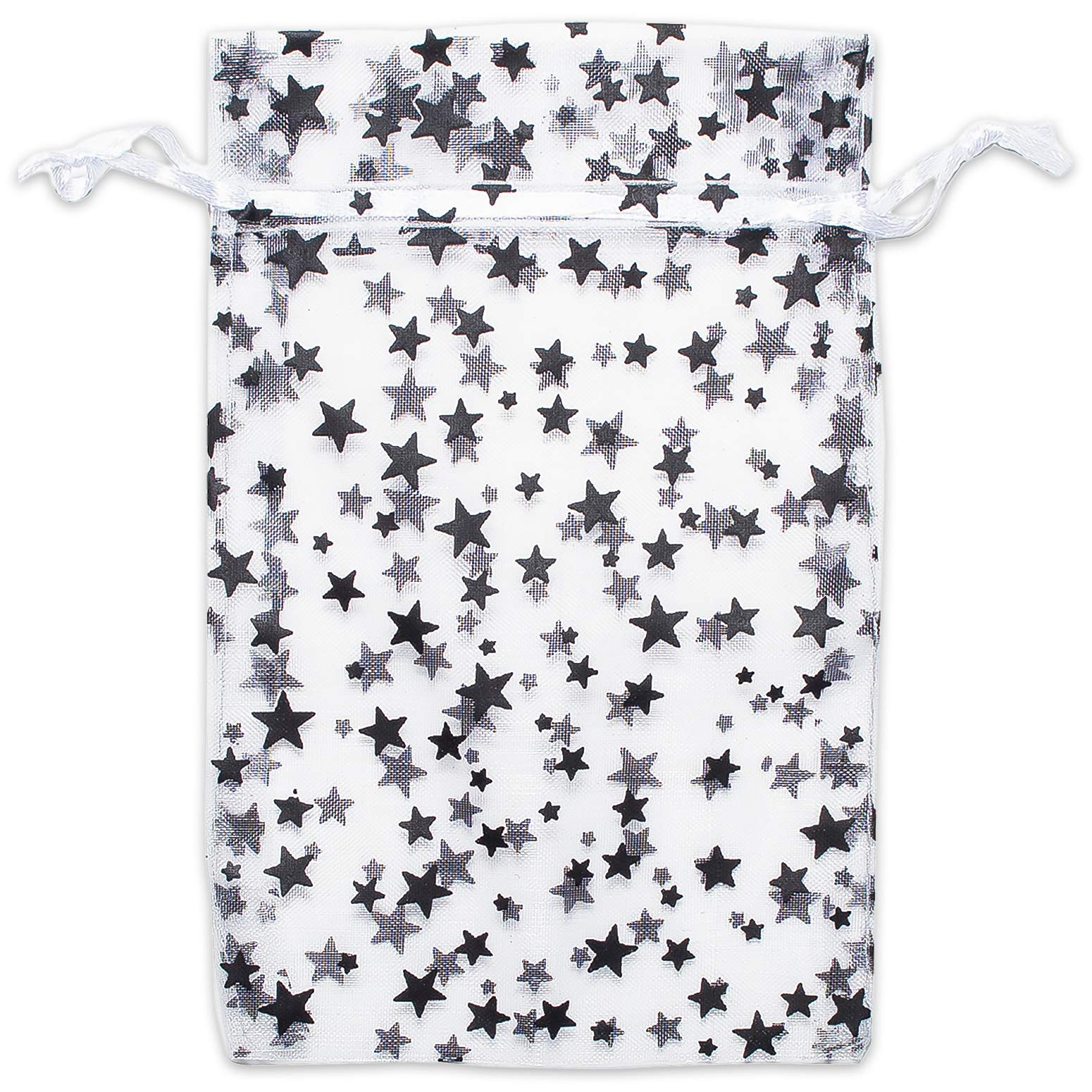 100-Pack 2x2.5 Sheer Organza Drawstring Gift Bags (X-Small) - Metallic Stars (White/Black) - Wedding Party Favors, Jewelry, Candy, Treats Mesh Pouch by The Display Guys