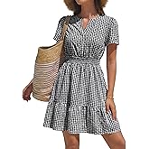 popvil Women Summer Mini Gingham Dress 2026 Spring A Line Casual Sun Dress Short Sleeve Beach Vacation V Neck Short Dress