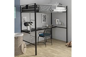 DHP Screen Loft Metal Bunk Bed with Desk and Ladder, Space-Saving Design, Silver Twin