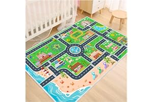 LIAZY ESUOH Kids Carpet Playmat Car Rug, Car Rug for Kids Toy Cars and Train, Non Slip Play Mat for Playroom Kids Room, City Life Educational Road Traffic Carpet for Classroom Nursery(Green,31×47in)