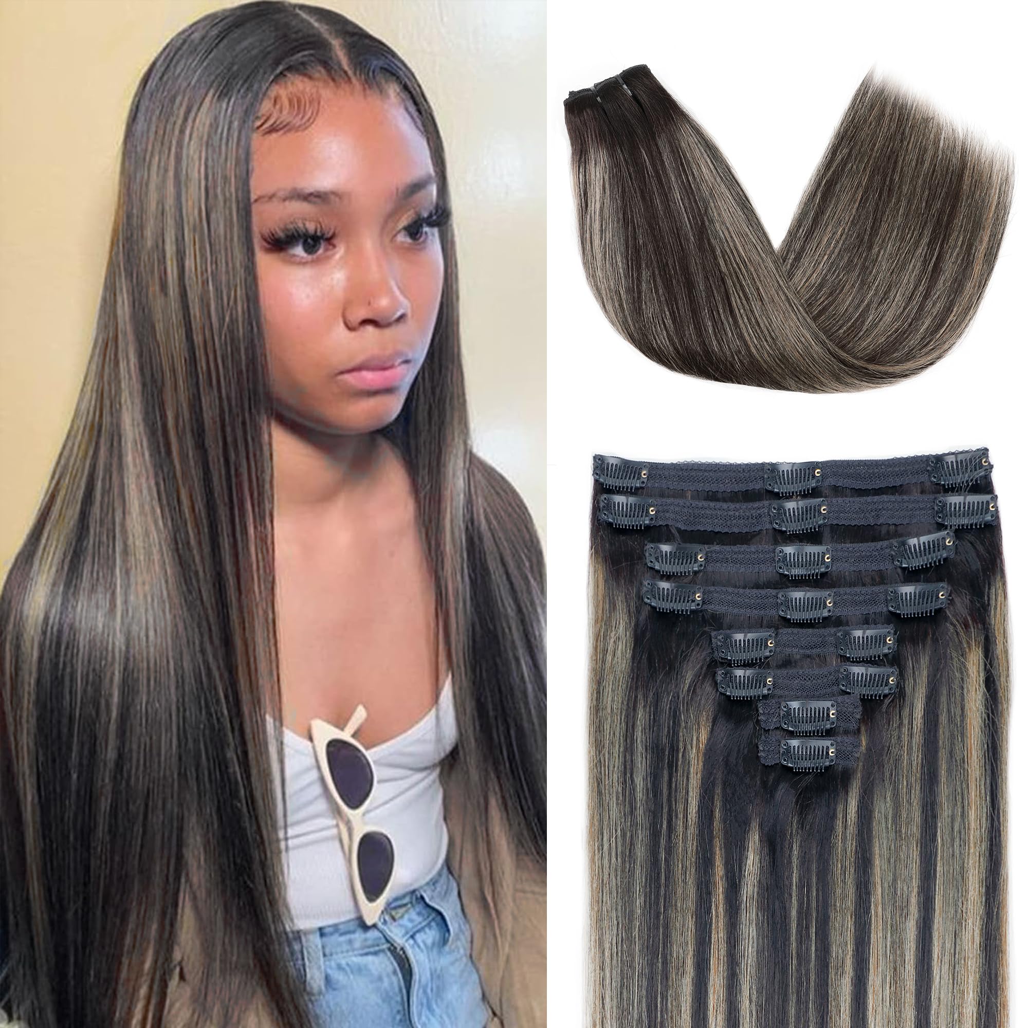 Photo 1 of FB27 Balayage Clip In Hair Extensions Real Human Hair Straight Highlight Clip ins for Black Women 8Pcs with 18Clips 120g 20inch #T1B/1B/27 Balayage Black to Blonde