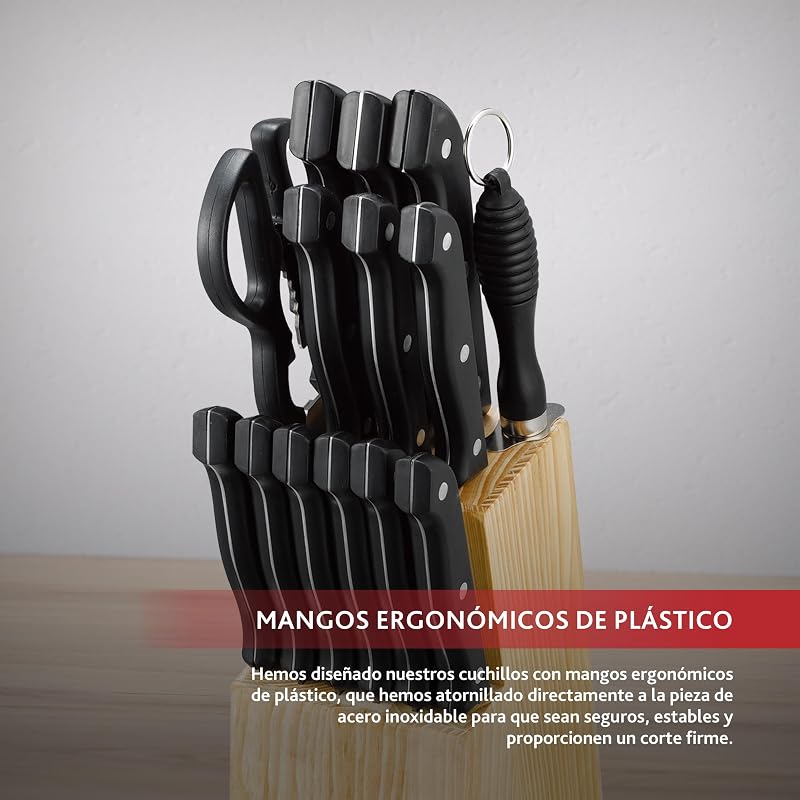Renberg Tenessy - Brasil | Facas de Cozinha | Conjunto Completo de 15 Peças com Tacoma de Madeira | Perfeito para cortar todos os tipos de ingredientes | Cozinha Profissional | Feito de aço inoxidável