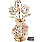 Matashi 24K Gold Plated Crystal Flower Figurine with Clear Crystals & Butterfly – Luxury Decorative Tulip Statue, Elegant Tabletop Home Décor, Collectible Gift for Mom, Wife, Grandma